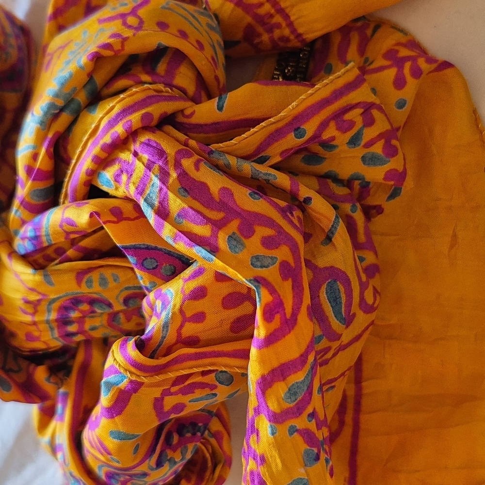 Vibrant Yellow and Pink Paysley Silk Handpainted Patterned Scarf - Picture 7 of 10